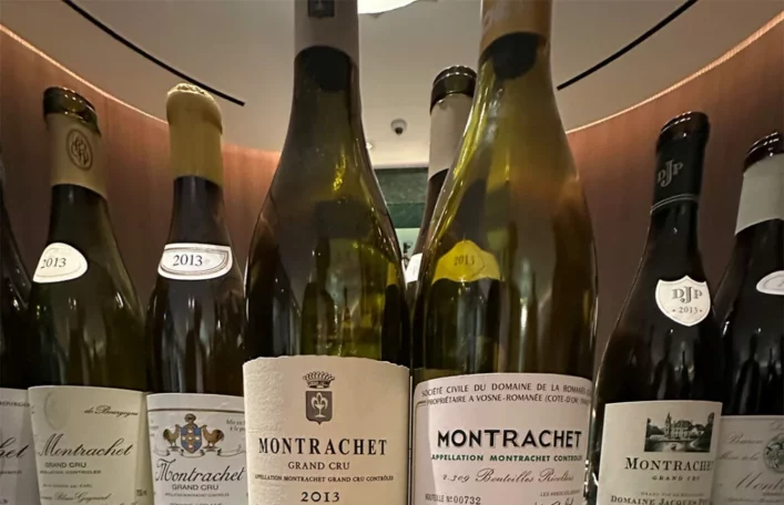 Bottles on table Lafon-Conti Montrachet