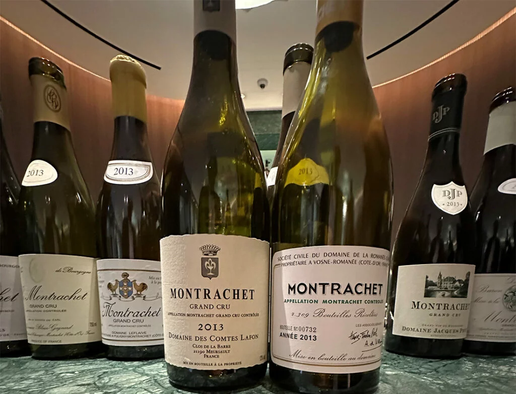 Bottles on table Lafon-Conti Montrachet